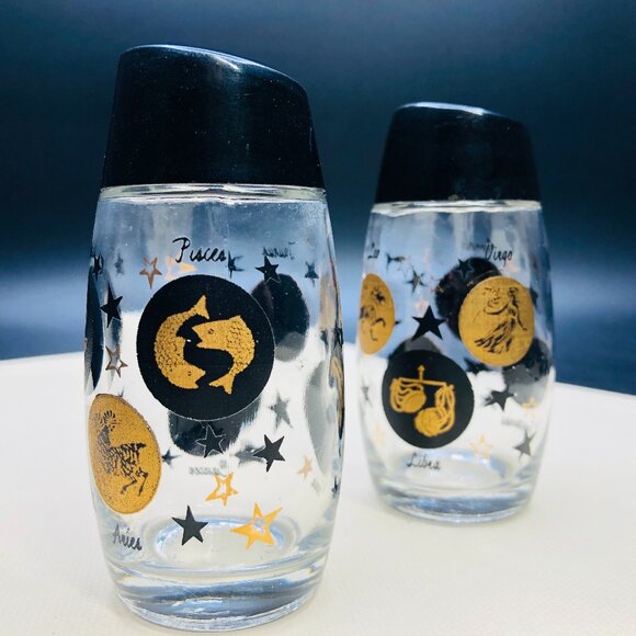 Vintage VAN PAK Zodiac Sign Stars Glass Salt Pepper Shaker Set Made in Canada - Picture 1 of 12